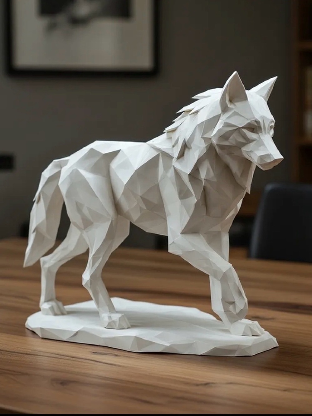 Geometric Wolf Sculpture - White Home Art Figurine